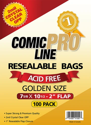 Golden Size Resealable - 7 5/8" x 10 1/2" with 2" flap Comic Book Bags